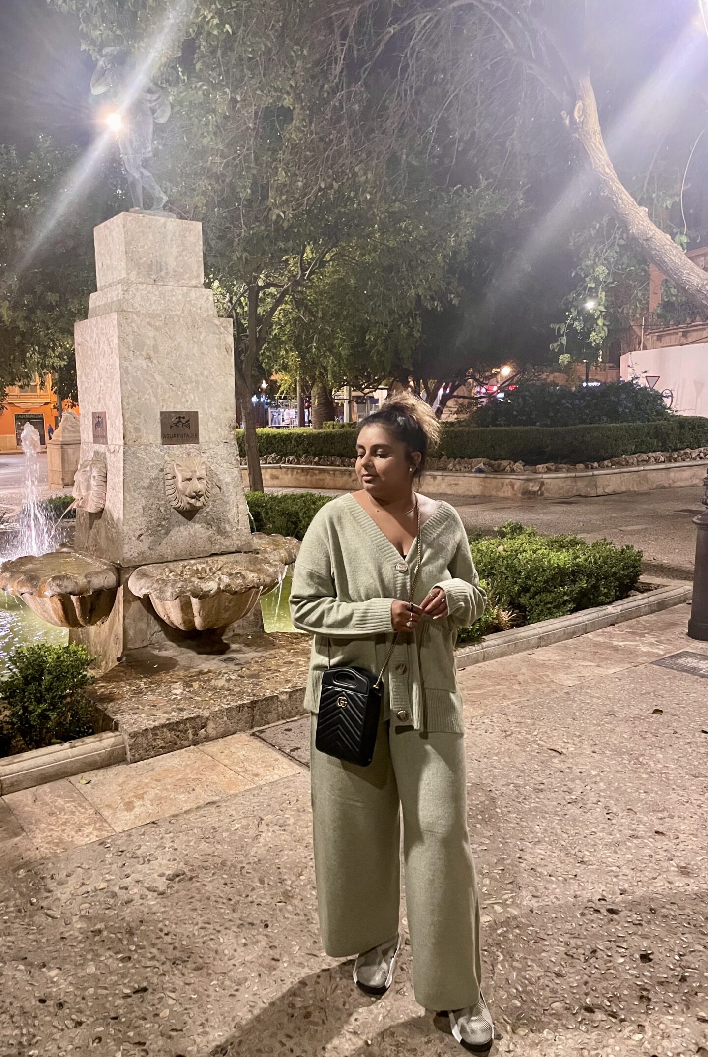 Standing in front of a fountain at night